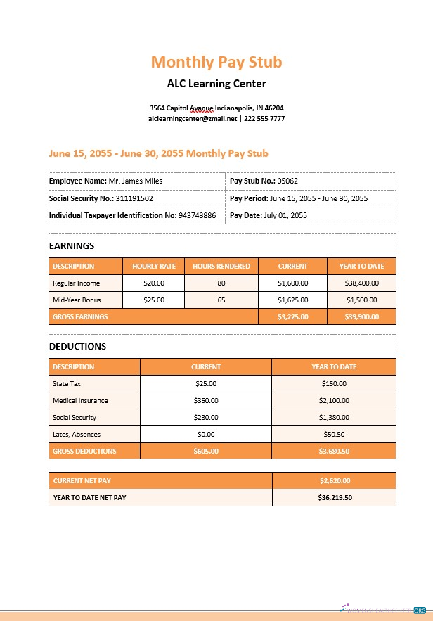 Download Learning Center Monthly Paystub Word and PDF template Photoshop template